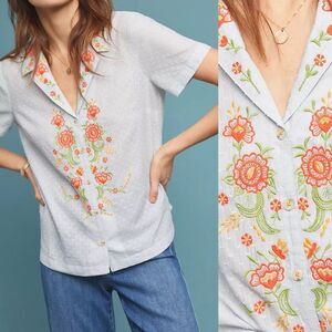 Anthropologie Maeve blue orange Floral embroidery Christie Buttondown blouse 2